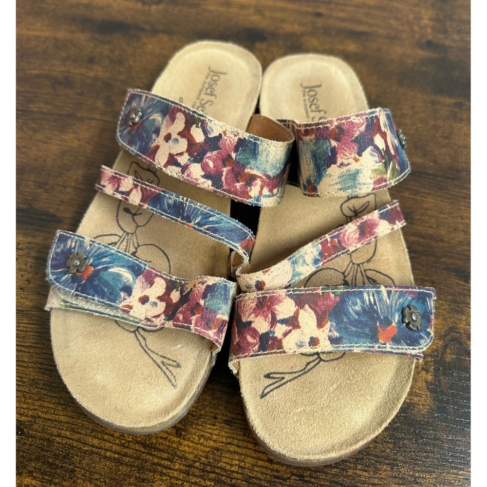 Josef Seibel Tonga 54 Floral Slide Sandals Blue Red Tan Cork Boho Size 38 7 -7.5 - Picture 12 of 12
